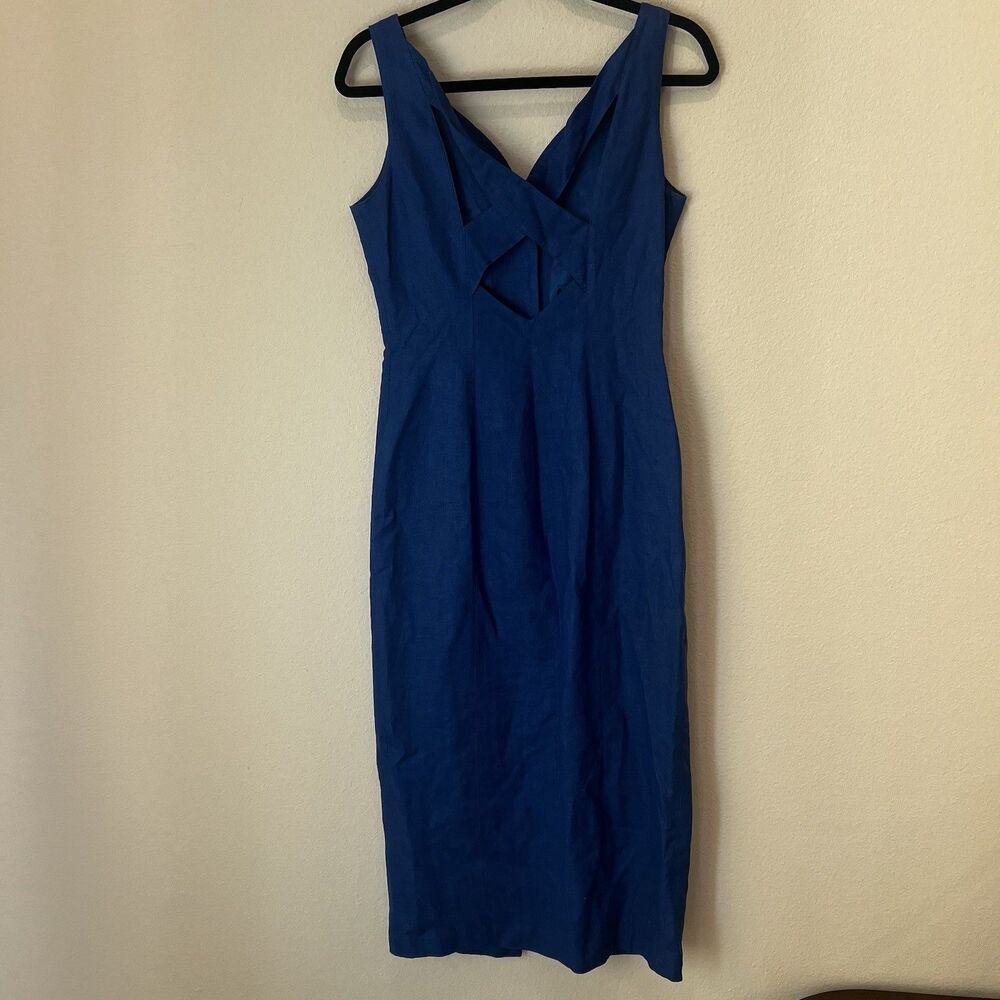 Marie St Claire Vtg Linen Midi Blue Dress Women’s Sz 8 Party Quiet Luxury Chic - Picture 2 of 7